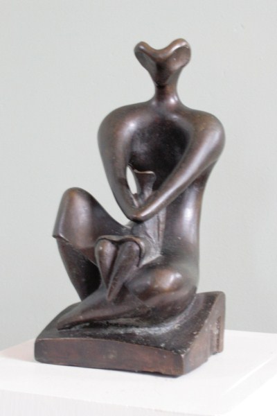 Seated mother and child side view: bronze